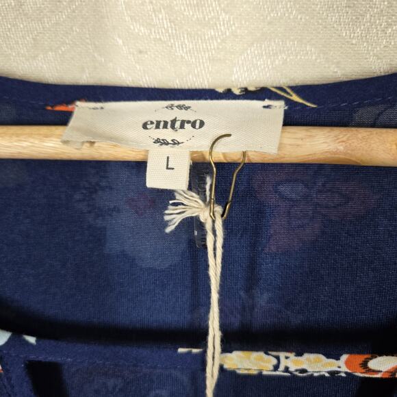 Entro Pom Pom Tunic Top sz L Blue Multicolor Paisley Floral Layered Boho Fairy - Picture 12 of 16